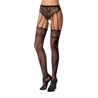Сітчасті панчохи-стокінги Passion S016 One Size, Black, імітація ажурного пояса з гартерами — Переглянути зображення 1