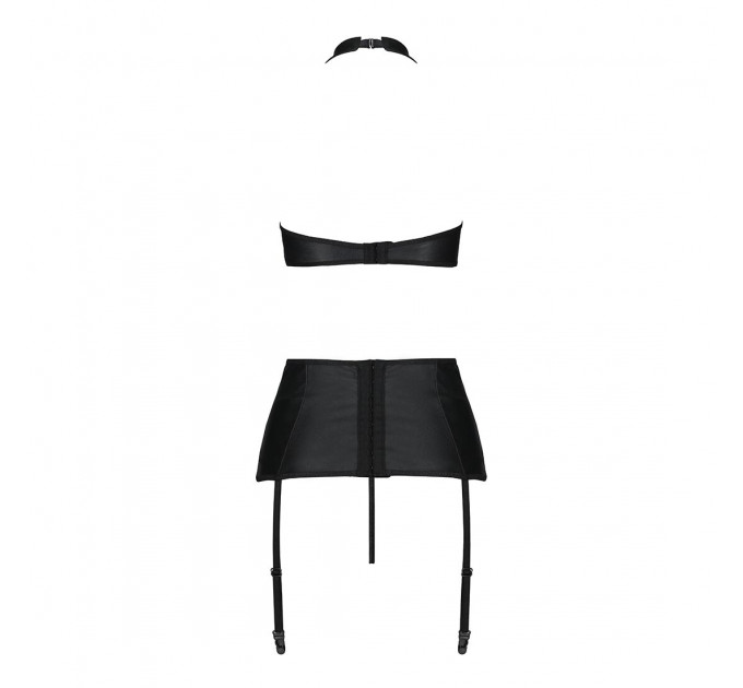 Комплект з еко-шкіри з імітацією шнурівки Passion NANCY SET S/M black топ, трусики, пояс для панчіх