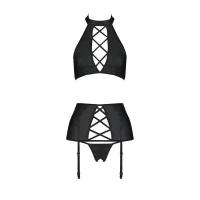 Комплект з еко-шкіри з імітацією шнурівки Passion NANCY SET S/M black топ, трусики, пояс для панчіх — Переглянути зображення 3