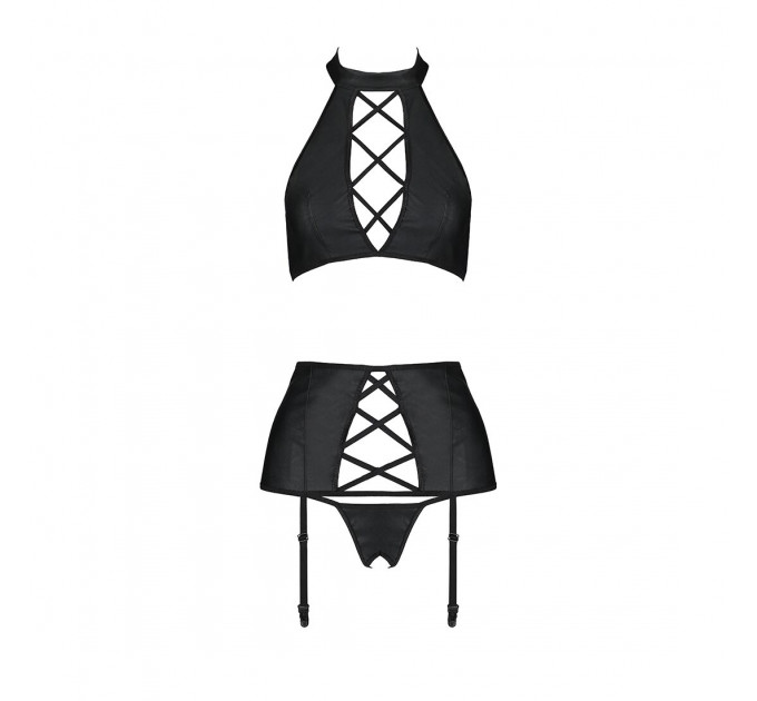 Комплект з еко-шкіри з імітацією шнурівки Passion NANCY SET S/M black топ, трусики, пояс для панчіх