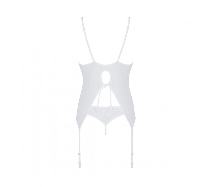 Корсет із пажами, трусики з ажурним декором та відкритим кроком Passion URSULA CORSET L/XL, white