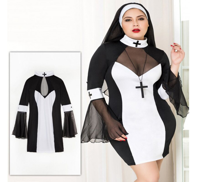 Еротичний костюм черниці JSY «Грішниця Лола» Plus Size Black, сукня, хрест, апостольник