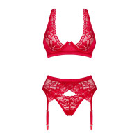 Комплект белья Obsessive Lacelove cupless 3-pcs set XL/2XL Red, бюстгальтер, стринги, пояс для чулок