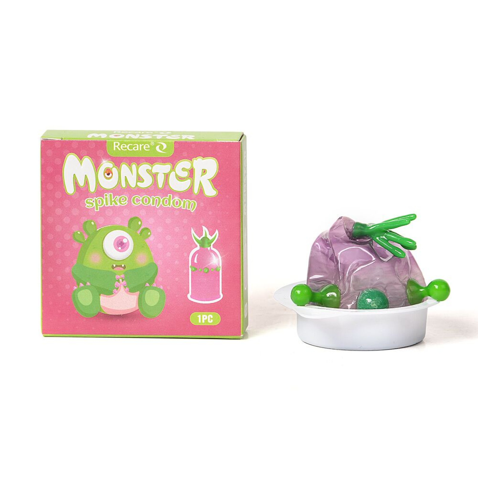 Насадка на член Recare Green Monster Spike Condom (презерватив с рядом шариков и усиками на кончике)