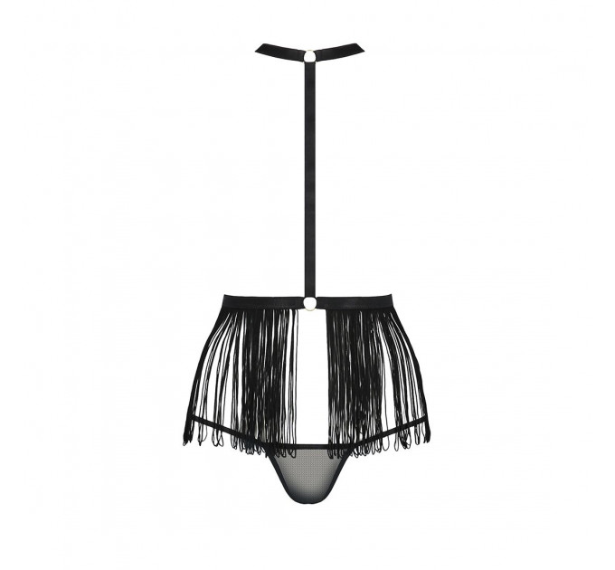 Комплект білизни Passion Exclusive INDRA SET OpenBra S/M, black, стрінги, портупея з бахромою