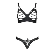 Комплект з екошкіри Passion CELINE BIKINI L/XL black, відкритий бра зі стрічками, стрінги — Переглянути зображення 3