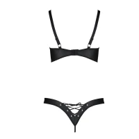 Комплект з екошкіри Passion CELINE BIKINI L/XL black, відкритий бра зі стрічками, стрінги — Переглянути зображення 4