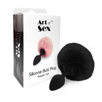 Силіконова анальна пробка М Art of Sex - Silicone Butt plug Rabbit Tail Black, діаметр 3,5 см — Просмотреть изображение 3