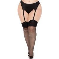 Панчохи зі стразами Leg Avenue Wide Top Rhinestone Sheer Stockings, 1X/2X, чорні, вище коліна — Просмотреть изображение 1