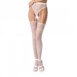 Сітчасті панчохи-стокінги Passion S016 One Size, White, імітація ажурного пояса з гартерами
