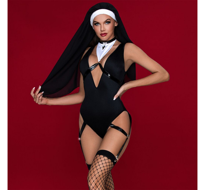 Еротичний костюм монашки JSY «Порочна Бернадетт» S/M, Black, боді, підв’язки, головний убір