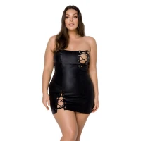 Мінісукня з екошкіри Passion CELINE CHEMISE 4XL/5XL, black, шнурівка, трусики в комплекті — Переглянути зображення 1