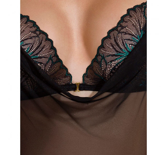 Сорочка Passion DELIENA CHEMISE L/XL black, стрінги із заниженою талією