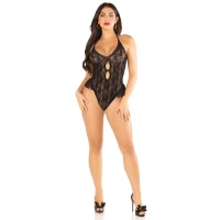 Боді з відкритою спиною та рюшами на стегнах Leg Avenue Lace Floral Lace Halter Teddy One Size, Black — Переглянути зображення 5