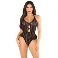 Боді з відкритою спиною та рюшами на стегнах Leg Avenue Lace Floral Lace Halter Teddy One Size, Black — Переглянути зображення 1