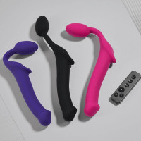 Безремінний страпон з вібрацією Strap-On-Me Vibrating Fuchsia L, діаметр 3,7см, пульт ДК, регульований — Переглянути зображення 8
