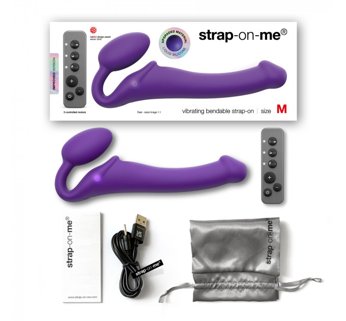 Безремінний страпон з вібрацією Strap-On-Me Vibrating Violet M, діаметр 3,8 см, пульт ДК, регульований