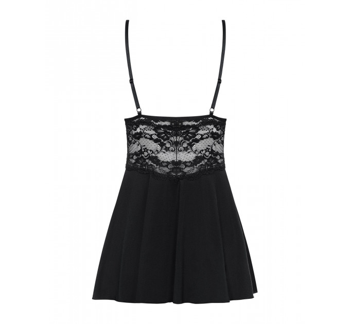 Сатиновий пеньюар із мереживом Obsessive 810-BAB-1 babydoll & thong S/M, чорний, пеньюар, танга