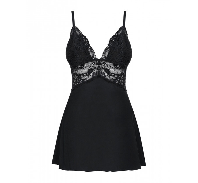 Сатиновий пеньюар із мереживом Obsessive 810-BAB-1 babydoll & thong S/M, чорний, пеньюар, танга