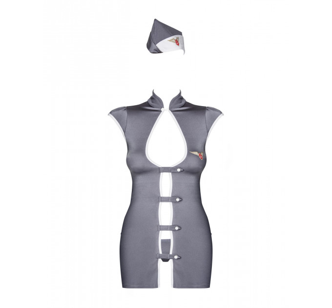 Еротичний костюм стюардеси Obsessive Stewardess 3 pcs grey S/M, сірий, сукня, стрінги, пілотка