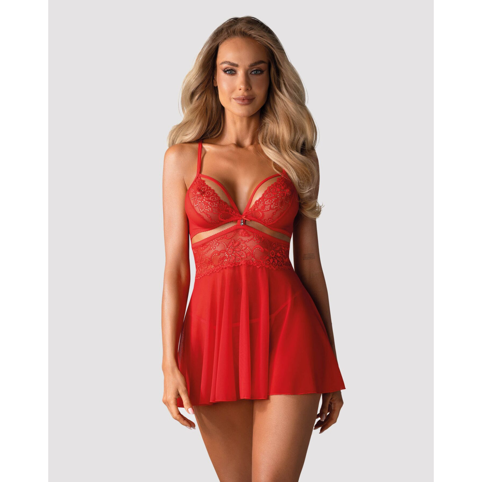 Бэби-долл Obsessive 838-BAB-3 babydoll & thong, 2XL/3XL, красный, кружевной лиф, стринги в комплекте