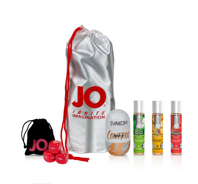 Набір «Соковитий фрукт», 3 смакові змазки System JO, яйце-мастурбатор Svakom, кубики System JO