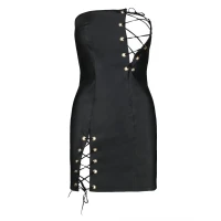 Мінісукня з екошкіри Passion CELINE CHEMISE 6XL/7XL, black, шнурівка, трусики в комплекті — Переглянути зображення 3