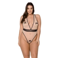 Боді Passion VIENA BODY 6XL/7XL, beige, контрастне, бантики, вставка-сітка, відкриті сідниці — Переглянути зображення 1