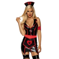 Вініловий костюм медсестри Leg Avenue Vinyl Naughty Nurse S, сукня, фартух, пов’язки на голову та руку — Переглянути зображення 1