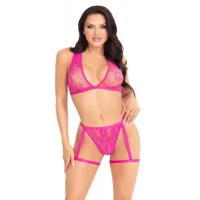 Комплект Leg Avenue Lace Bra Top and Panty with Garters One Size Pink — Переглянути зображення 1
