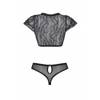 Комплект Passion LEAFA BIKINI black S/M, бюстгальтер-топ с рукавчиками, стринги-шортики с вырезом