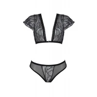 Комплект Passion LEAFA BIKINI black S/M, бюстгальтер-топ з рукавчиками, стрінги-шортики з вирізом — Просмотреть изображение 3