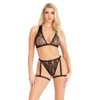 Комплект Leg Avenue Lace Bra Top and Panty with Garters One Size Black — Переглянути зображення 1