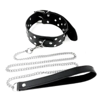Нашийник з повідцем із натуральної шкіри із заклепками Art of Sex - Jenna Collar with Leash, чорний — Переглянути зображення 2