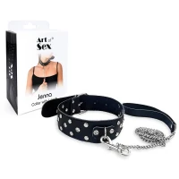 Нашийник з повідцем із натуральної шкіри із заклепками Art of Sex - Jenna Collar with Leash, чорний — Переглянути зображення 3