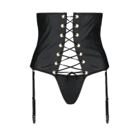 Пояс-корсет з екошкіри Passion CELINE SET with Open Bra 6XL/7XL, black, шнурівка, пажі, стрінги — Переглянути зображення 3