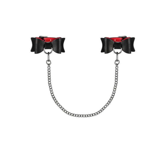 Шкіряні наручники-банти з довгим ланцюгом Obsessive A745 cuffs, чорно-червоні, довгий ланцюг