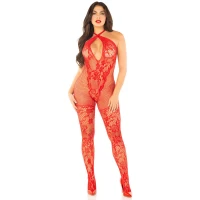 Бодістокінг з глибоким декольте Leg Avenue Seamless Net and Lace Lingerie Jumpsuit One Size, Red — Переглянути зображення 2