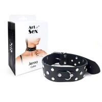 Нашийник з натуральної шкіри із заклепками та стразами Art of Sex - Jenna Collar, Чорний — Переглянути зображення 3