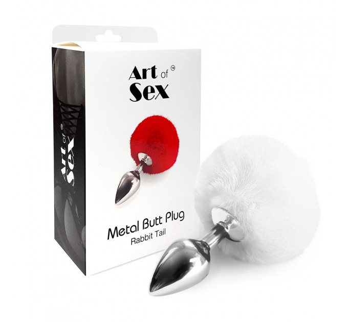 Металева анальна пробка М Art of Sex - Metal Butt plug Rabbit Tail White, діаметр 3,4 см