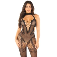 Бодістокінг з доступом Leg Avenue Crotchless Bodystocking with Heart One Size, Black, декольте — Переглянути зображення 1