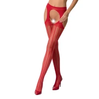 Сітчасті панчохи-стокінги Passion S018 One Size, Red, імітація пояса, сітка з вертикальними смужками — Просмотреть изображение 1
