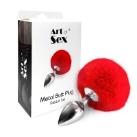 Металева анальна пробка М Art of Sex - Metal Butt plug Rabbit Tail Red, діаметр 3,4 см — Переглянути зображення 3