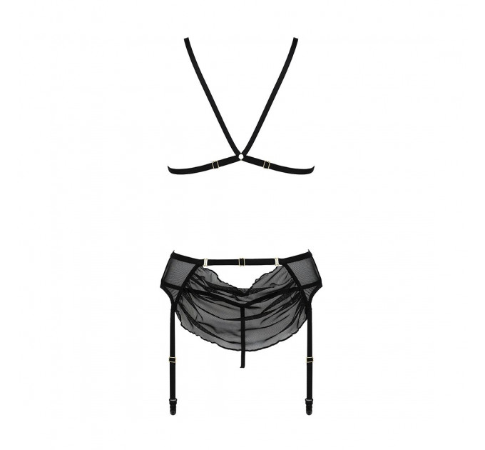 Комплект з відкритим доступом Passion DELIENA SET XXL/XXXL black, ліф, стрінги, пояс для панчіх