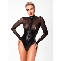 Боді Noir Handmade F321 Edge, S, низ під латекс, верх сітка, блискавка на все тіло, декор кільця — Просмотреть изображение 3
