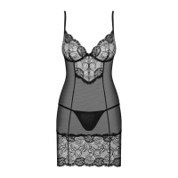 Сорочка Obsessive Alluria chemise &amp; thong, L/XL, чорна, мереживо+мікросітка, стрінги в комплекті — Переглянути зображення 3