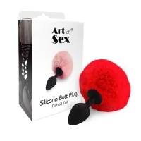 Силіконова анальна пробка М Art of Sex - Silicone Butt plug Rabbit Tail Red, діаметр 3,5 см — Переглянути зображення 3