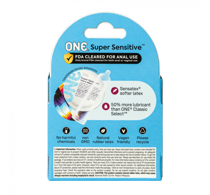 Презервативи ONE Super Sensitive, 3 шт, гладенькі, з додатковою змазкою, картонне паковання