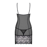 Сорочка Obsessive Alluria chemise & thong, S/M, чорна, мереживо+мікросітка, стрінги в комплекті