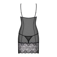 Сорочка Obsessive Alluria chemise &amp; thong, S/M, чорна, мереживо+мікросітка, стрінги в комплекті — Переглянути зображення 6